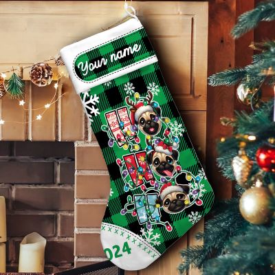 Personalized Pug Ho Ho Ho Merry Christmas Stocking Green, pug xmas gift stocking